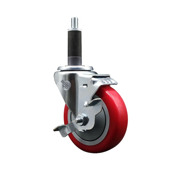 Service Caster 4'' Red Poly Swivel 1'' Expanding Stem Caster with Brake SCC-EX20S414-PPUB-RED-TLB-1 - main
